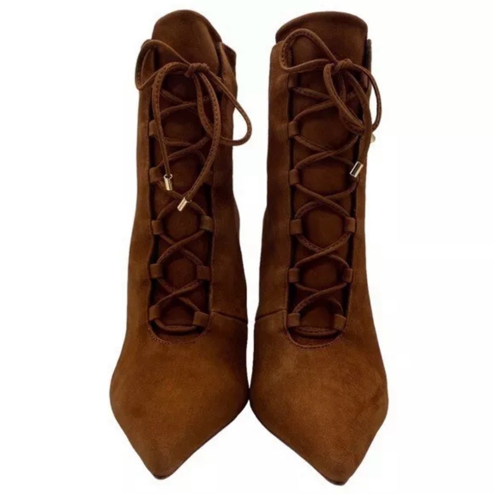 Good American Shoes Good American Brown Suede Booties Lace Up Stiletto Size 8.5 - Picture 5 of 16